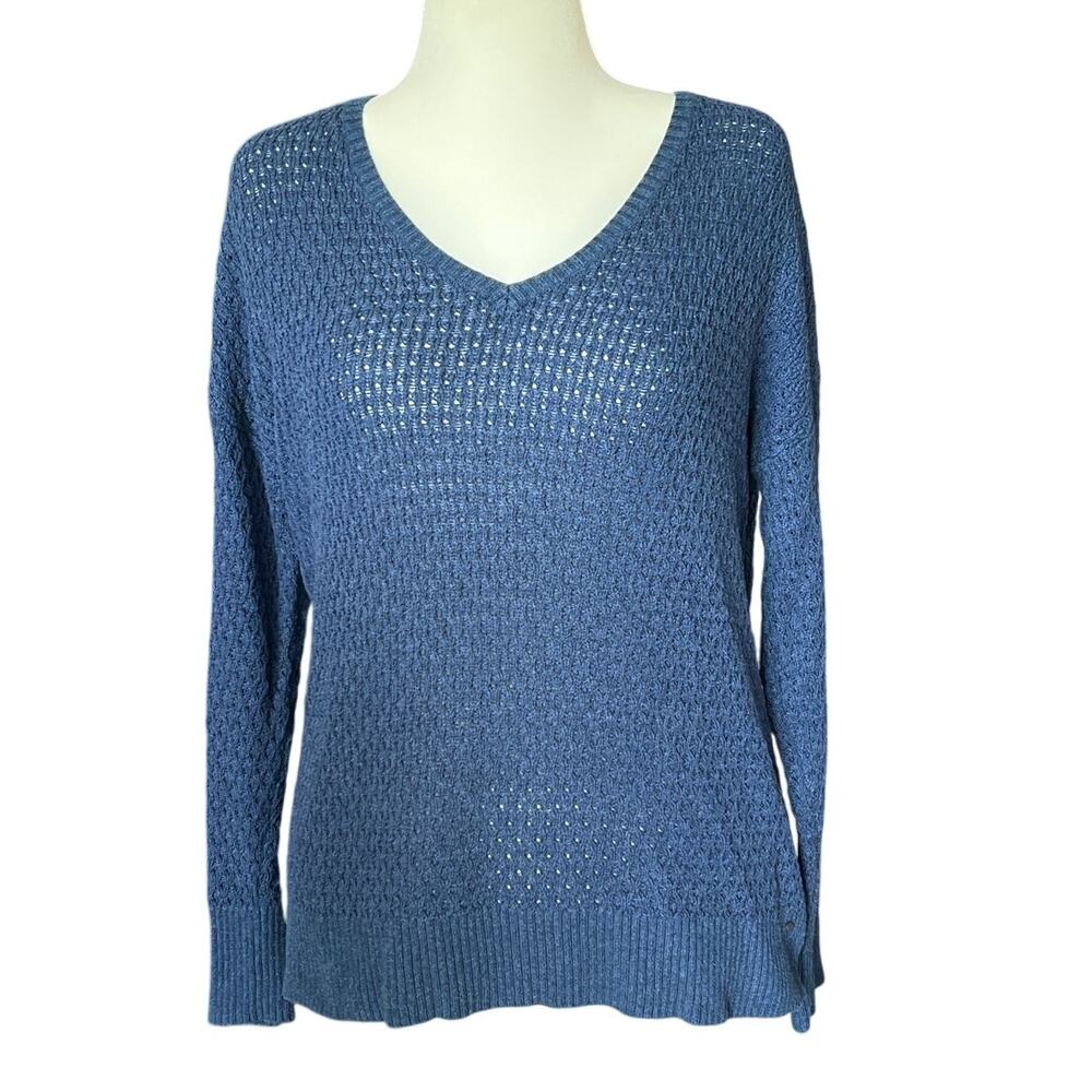 AE American Eagle Blue V-Neck Knit Pullover Sweater Women's Size L Semi-Sheer